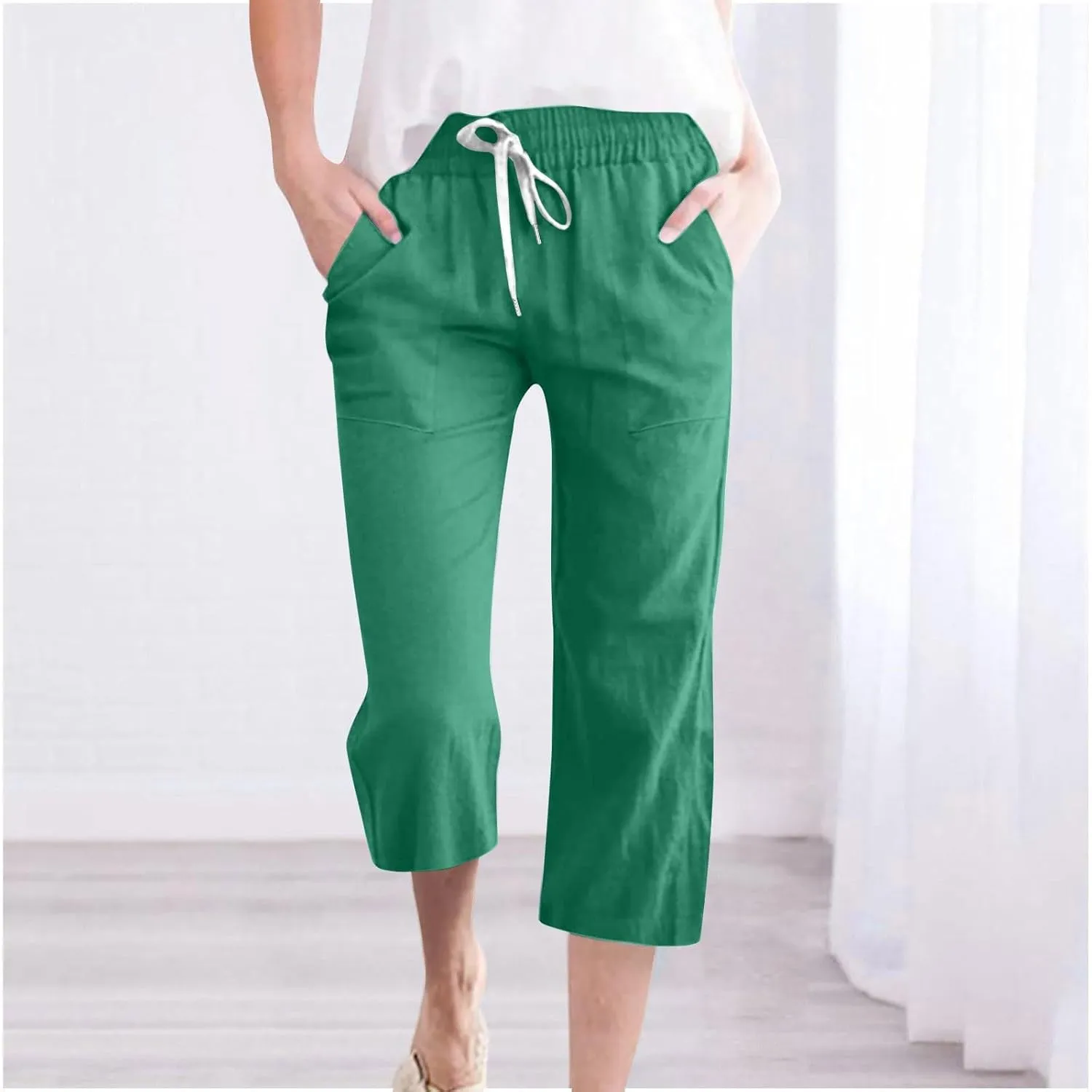 Womens Cotton Linen Summer Pull On Pant Trousers High Waist Wide Leg Plus Size Palazzo Pants Office