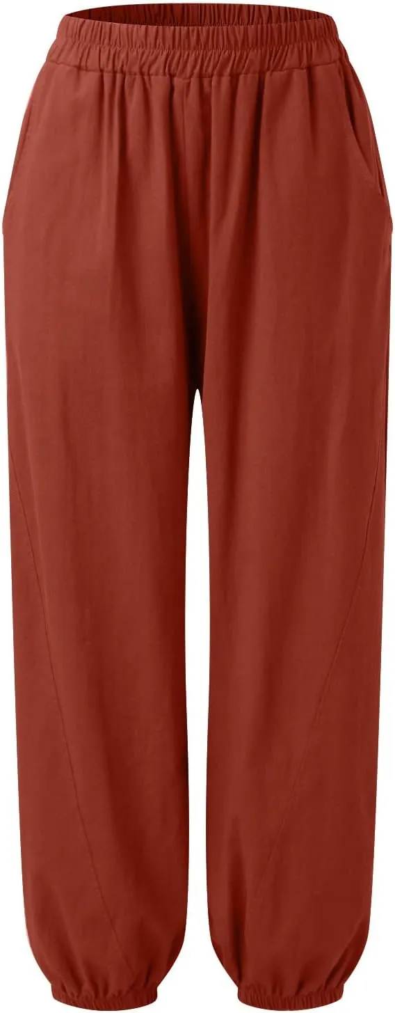 Womens Cotton Linen Trousers High Waist Elastic Waist Jogger Pants Solid Casual Wide Leg Pant Summer Vacation Clothes