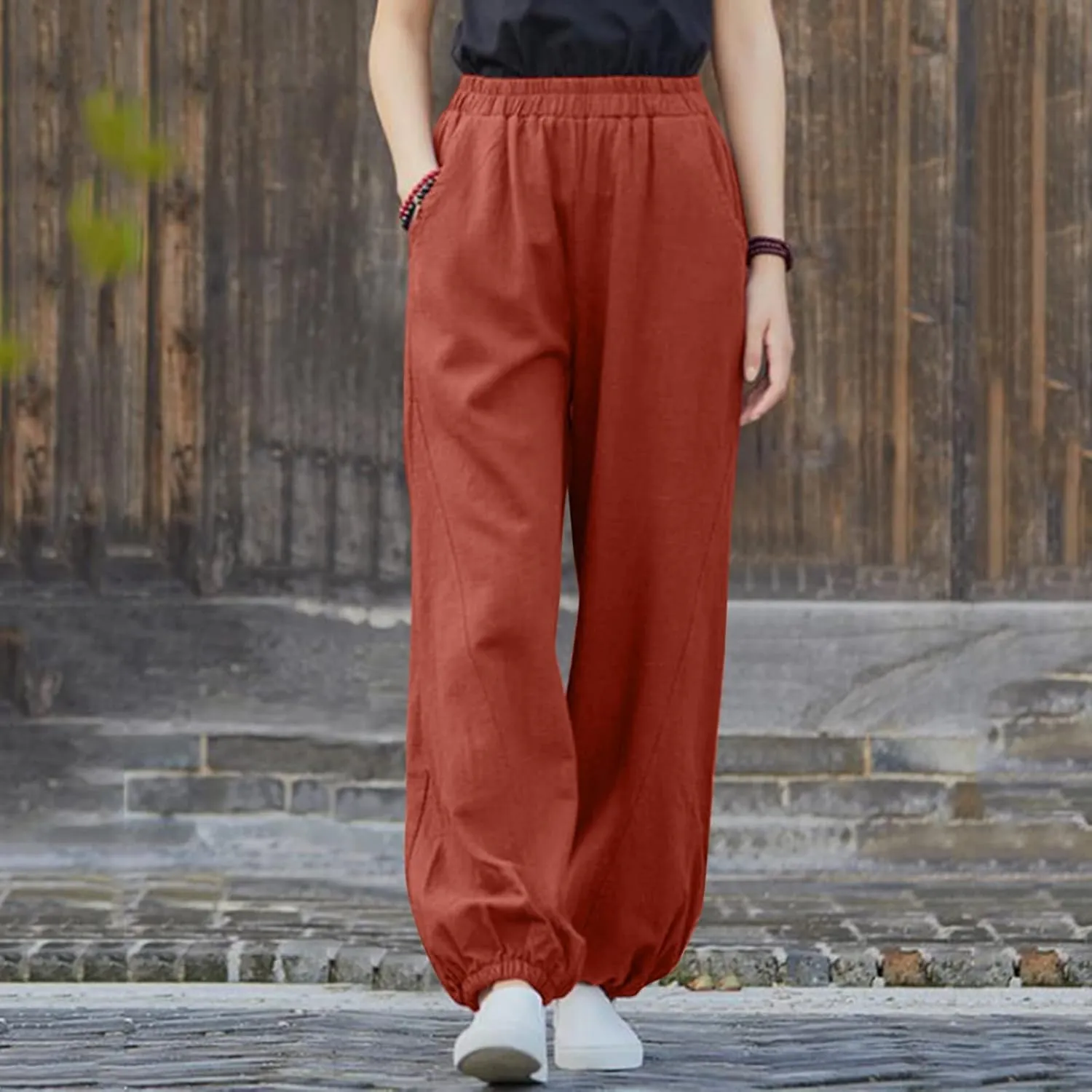Womens Cotton Linen Trousers High Waist Elastic Waist Jogger Pants Solid Casual Wide Leg Pant Summer Vacation Clothes