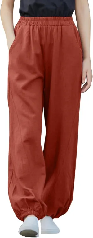 Womens Cotton Linen Trousers High Waist Elastic Waist Jogger Pants Solid Casual Wide Leg Pant Summer Vacation Clothes