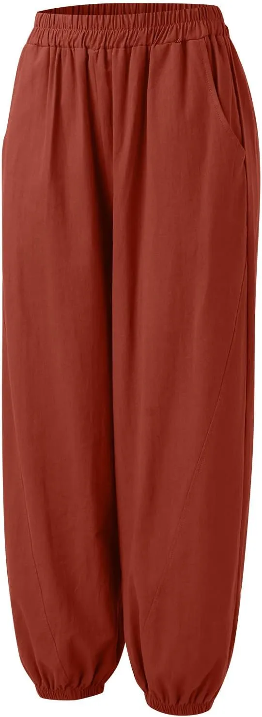 Womens Cotton Linen Trousers High Waist Elastic Waist Jogger Pants Solid Casual Wide Leg Pant Summer Vacation Clothes