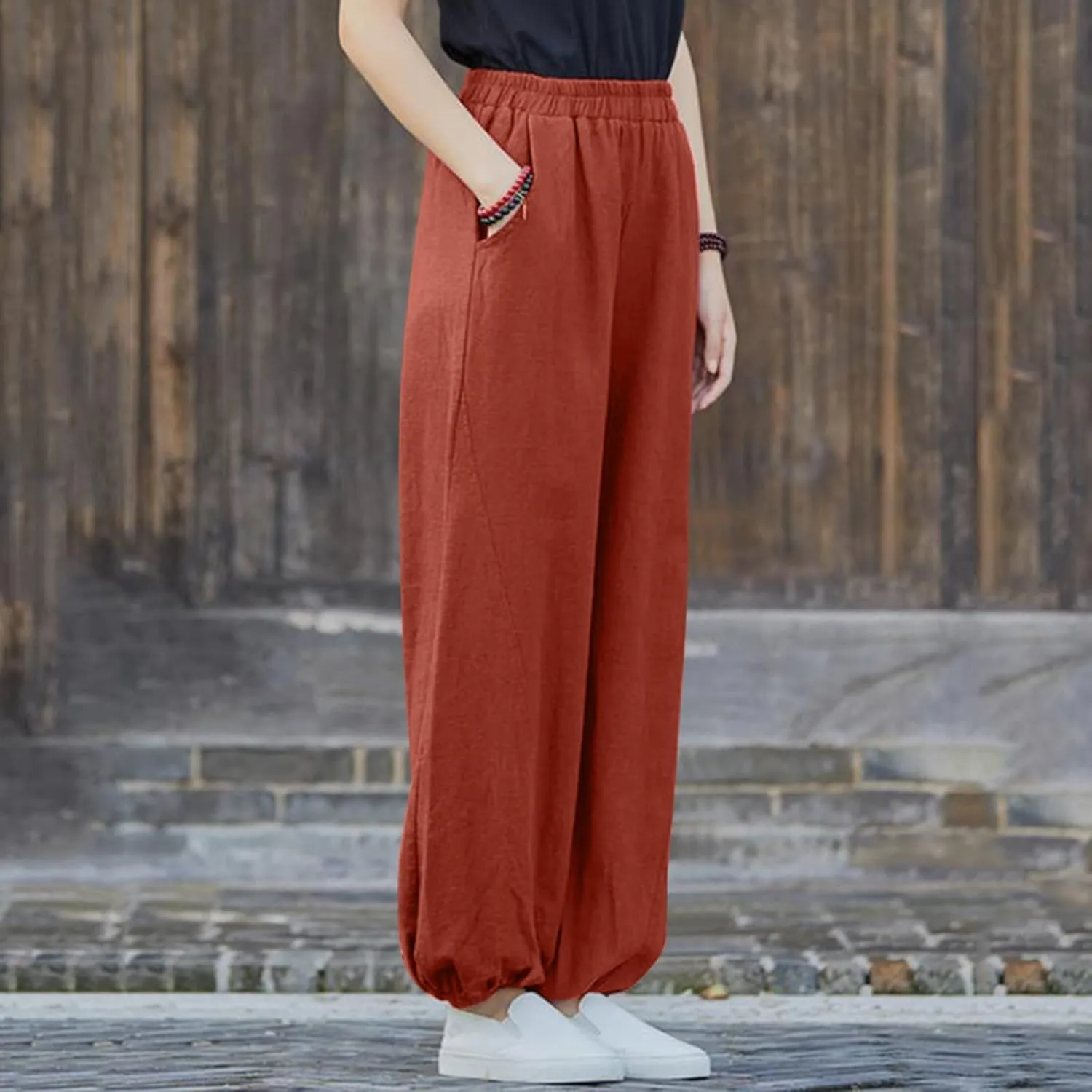 Womens Cotton Linen Trousers High Waist Elastic Waist Jogger Pants Solid Casual Wide Leg Pant Summer Vacation Clothes