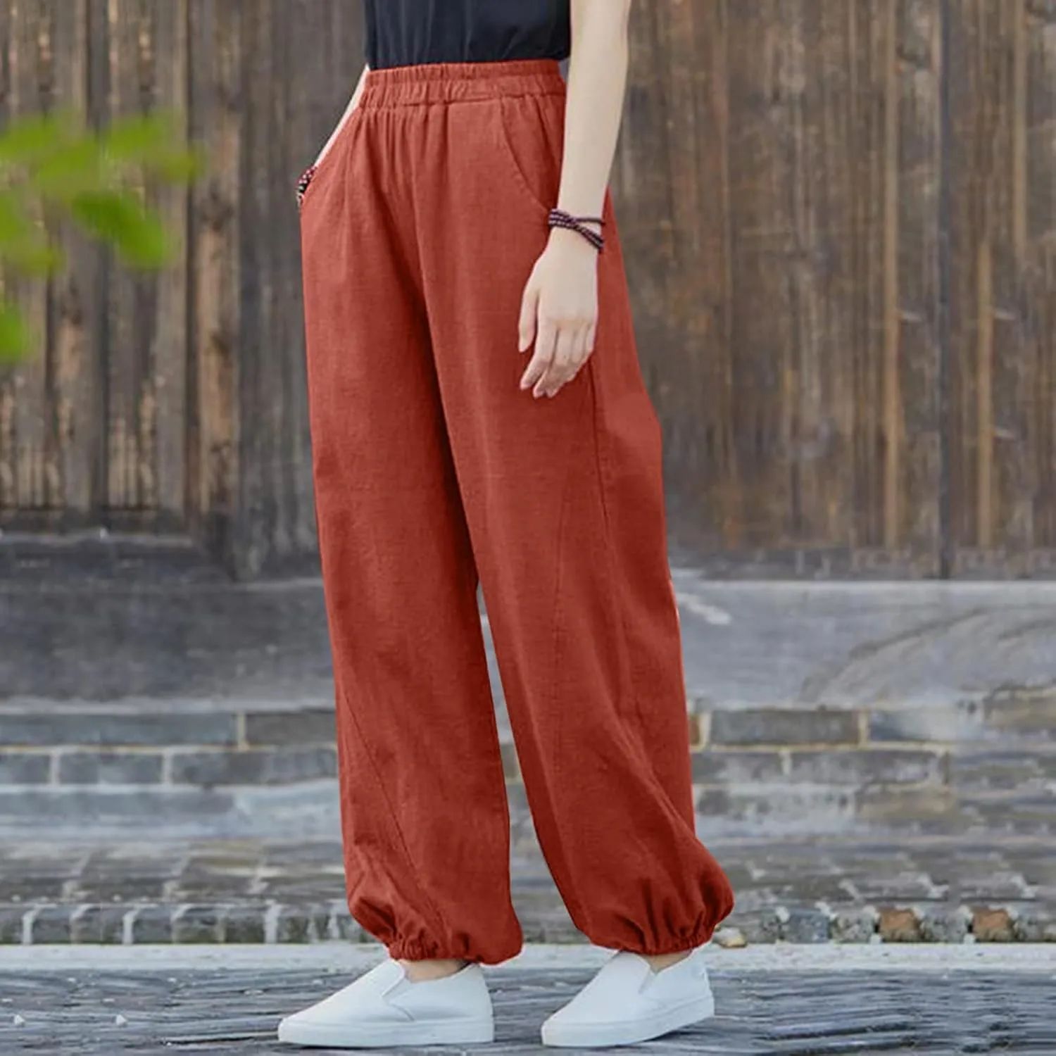 Womens Cotton Linen Trousers High Waist Elastic Waist Jogger Pants Solid Casual Wide Leg Pant Summer Vacation Clothes
