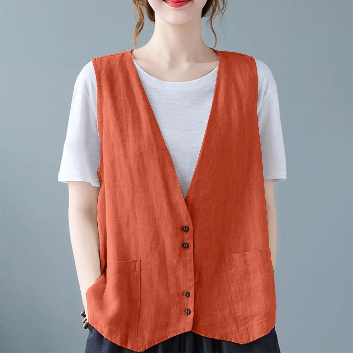 Womens Cotton Linen Vest Casual Loose V Neck Sleeveless Vests With Pockets Summer Clothing