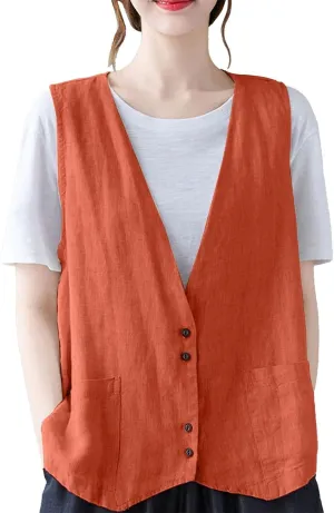 Womens Cotton Linen Vest Casual Loose V Neck Sleeveless Vests With Pockets Summer Clothing