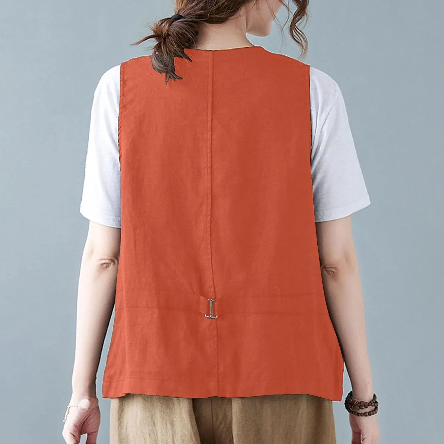 Womens Cotton Linen Vest Casual Loose V Neck Sleeveless Vests With Pockets Summer Clothing