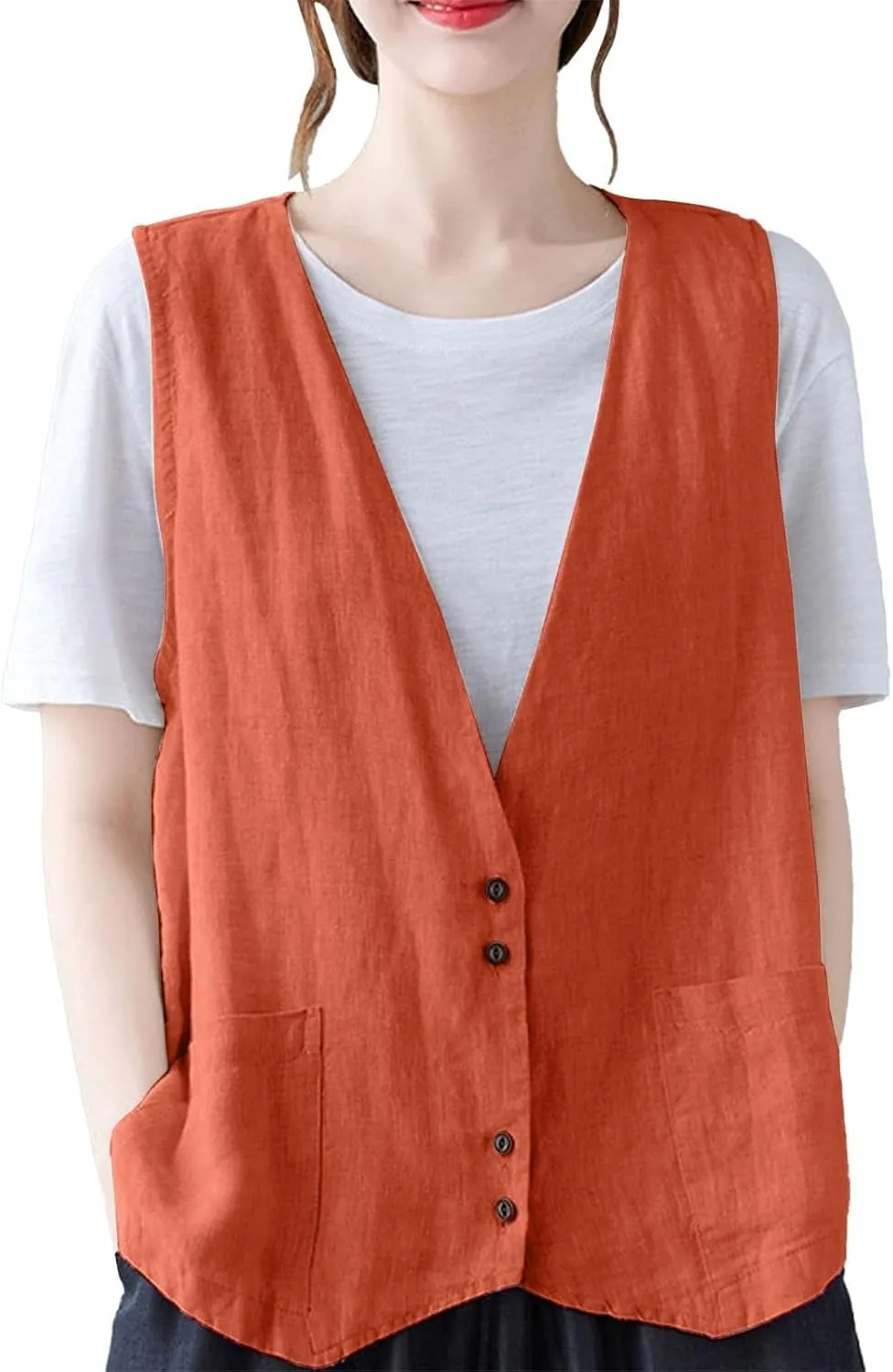 Womens Cotton Linen Vest Casual Loose V Neck Sleeveless Vests With Pockets Summer Clothing