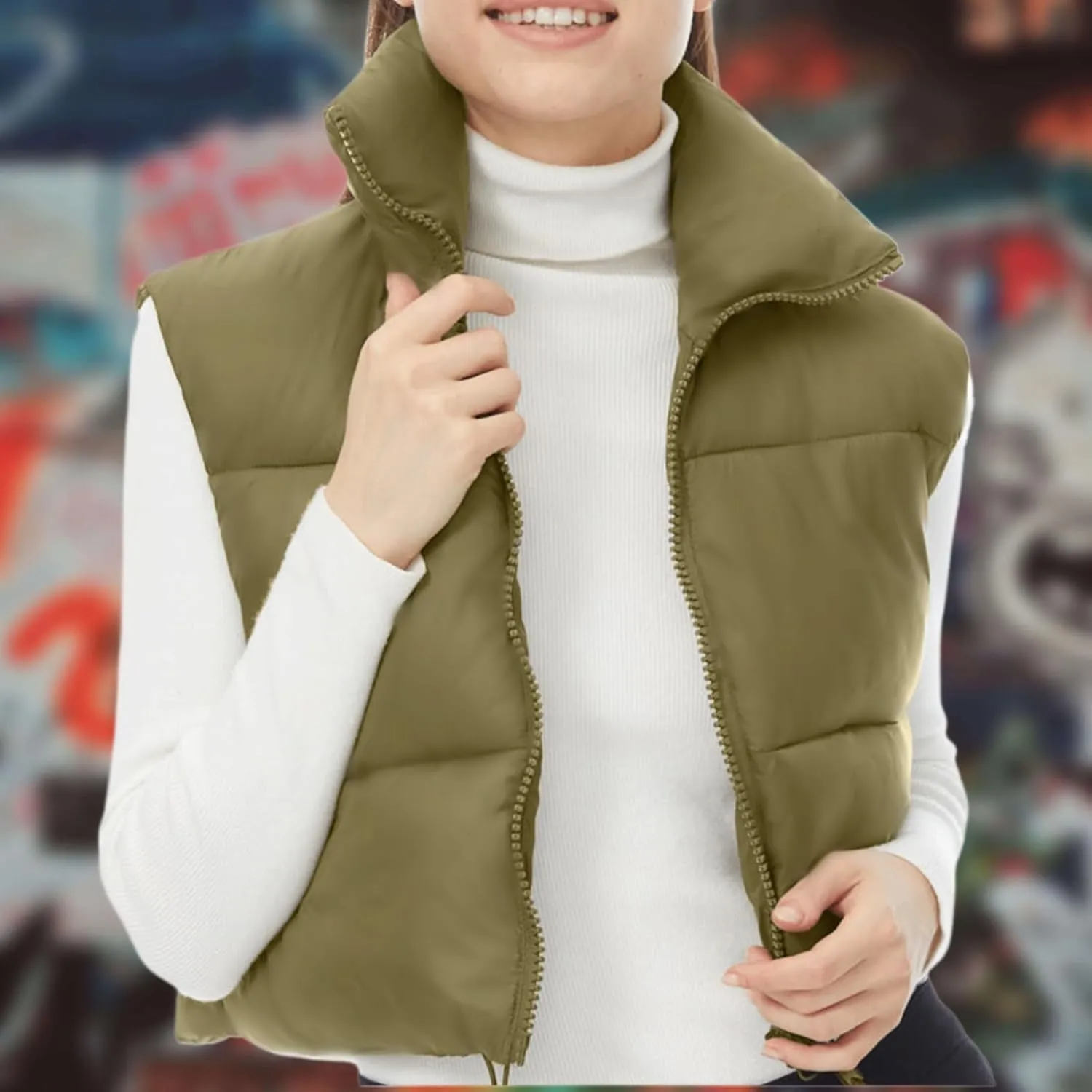Women's Cropped Puffer Vest Winter Padded Vest Lightweight Zip Crop Puffy Gilet
