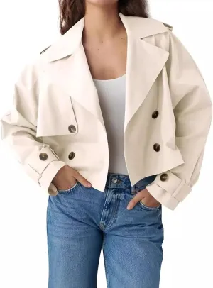 Women's Double Breasted Cropped Trench Coat Autumn Long Sleeve Buttoned Lapel Work Jacket Office Business Shackets