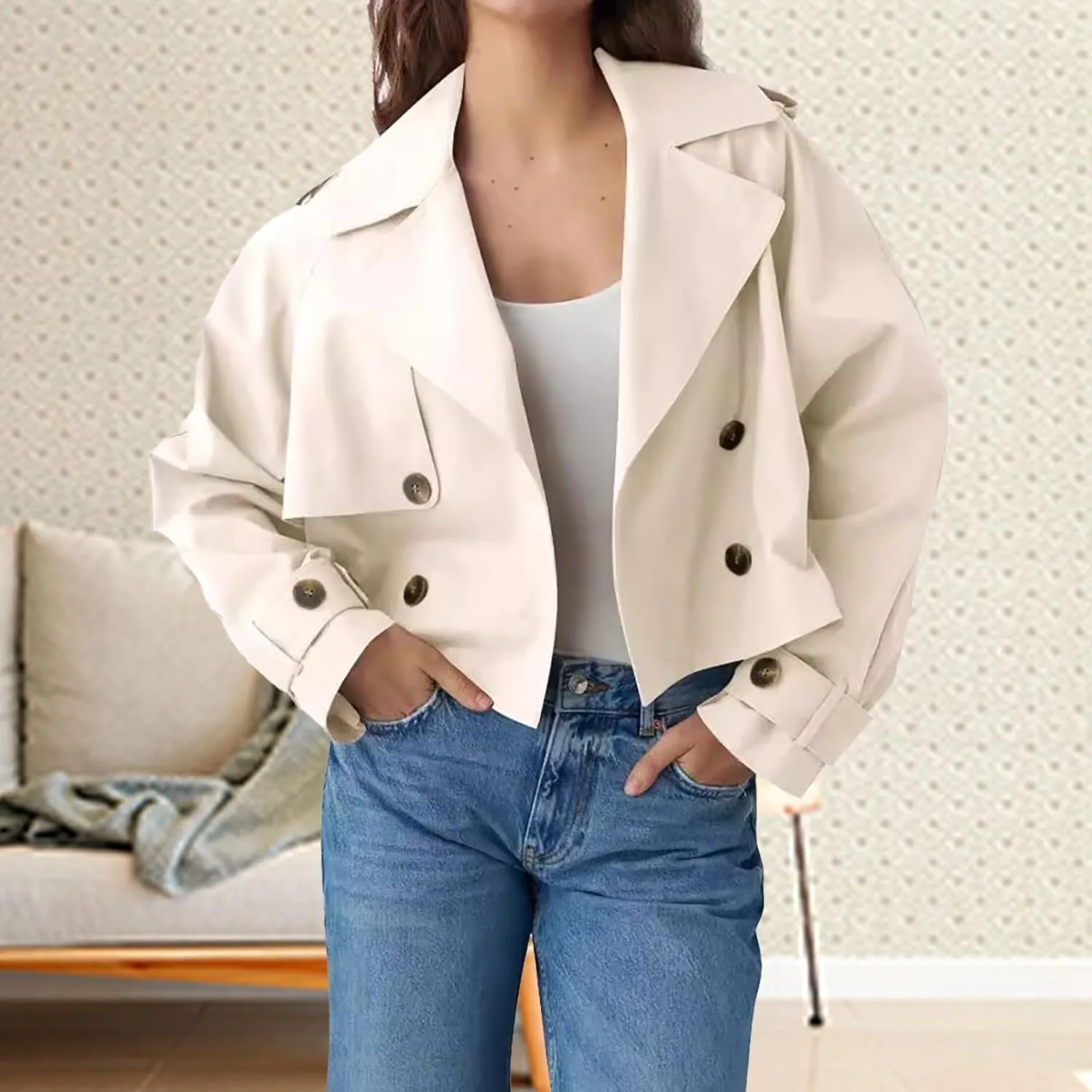 Women's Double Breasted Cropped Trench Coat Autumn Long Sleeve Buttoned Lapel Work Jacket Office Business Shackets