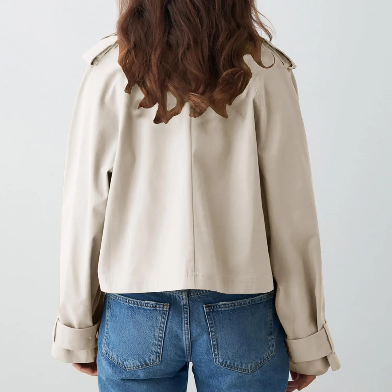 Women's Double Breasted Cropped Trench Coat Autumn Long Sleeve Buttoned Lapel Work Jacket Office Business Shackets