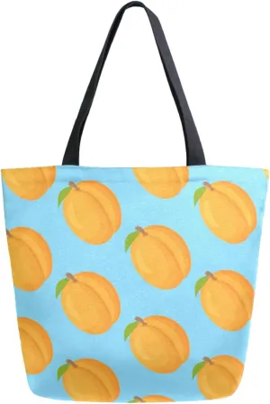 Womens Extra Large Canvas Shoulder Grocery Tote Bag, Apricots Fruit Pattern Blue Durable Daily Handle Bag for Gym Yoga Weekender Picnic Beach Travel Kitchen Reusable Market Shopping
