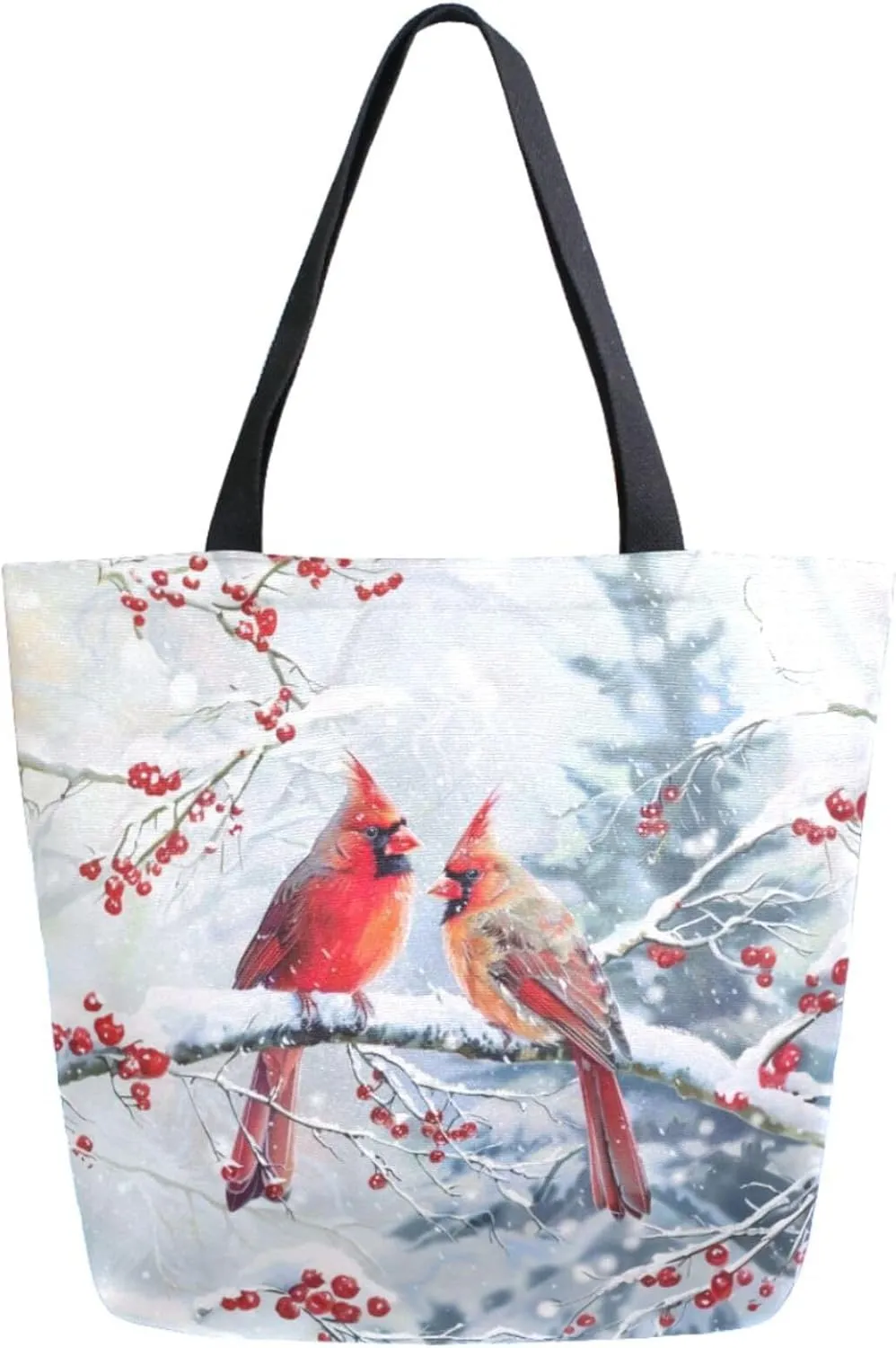 Womens Extra Large Canvas Shoulder Grocery Tote Bag, Snow Winter Branch Couple Cardinal Durable Daily Handle Bag for Gym Yoga Weekender Picnic Beach Travel Kitchen Reusable Market Shopping