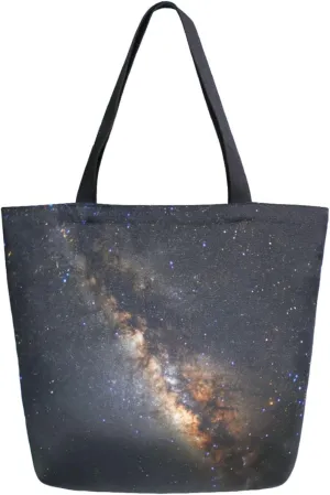 Womens Extra Large Canvas Shoulder Grocery Tote Bag, Space Stars Milky Way Sky Durable Daily Handle Bag for Gym Yoga Weekender Picnic Beach Travel Kitchen Reusable Market Shopping