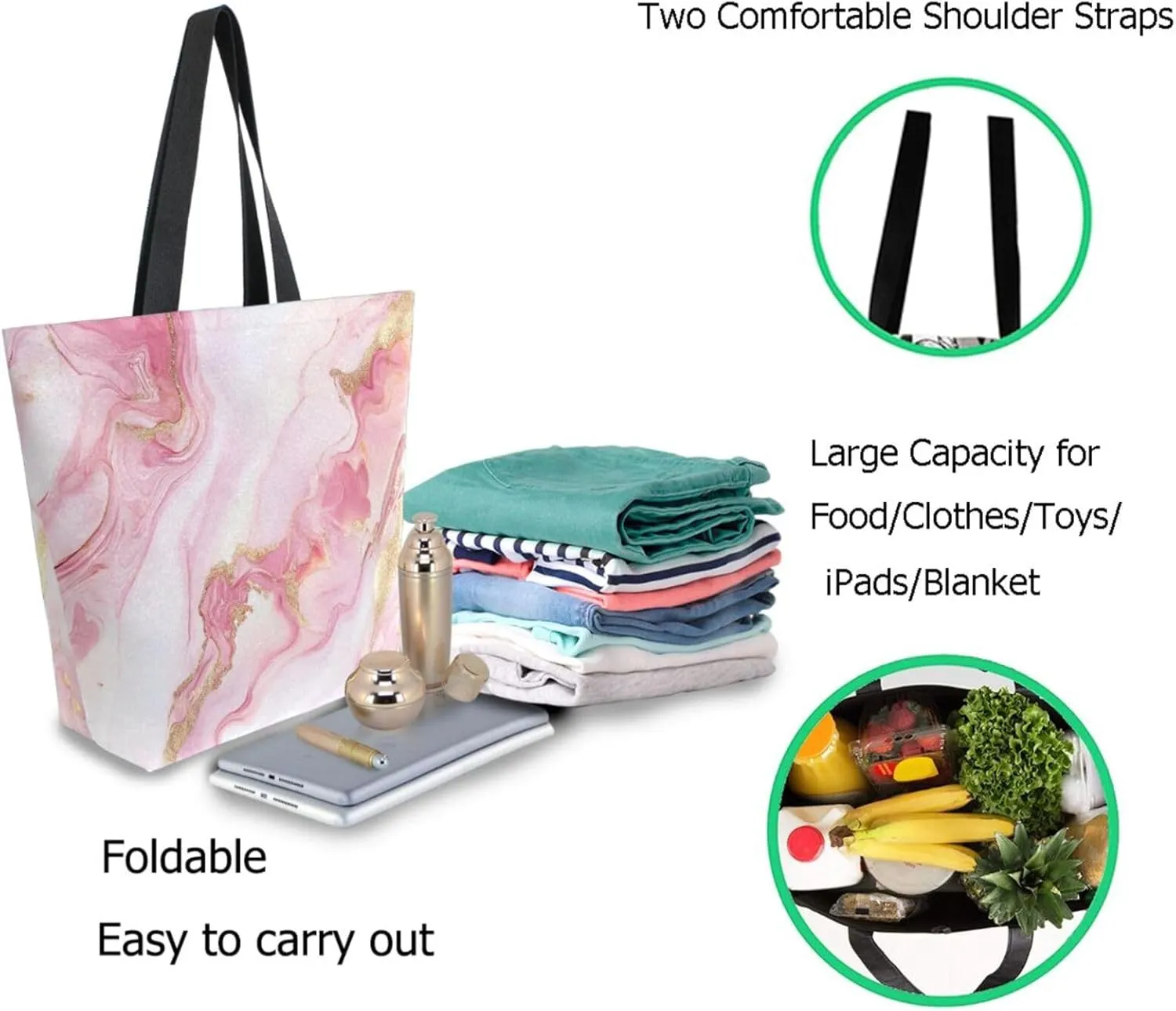 Womens Extra Large Canvas Shoulder Tote Bag, Beautiful Pink Marble with Gold Line Handle Bag for Gym Yoga Weekender Picnic Beach Travel Kitchen Reusable Market Grocery Shopping