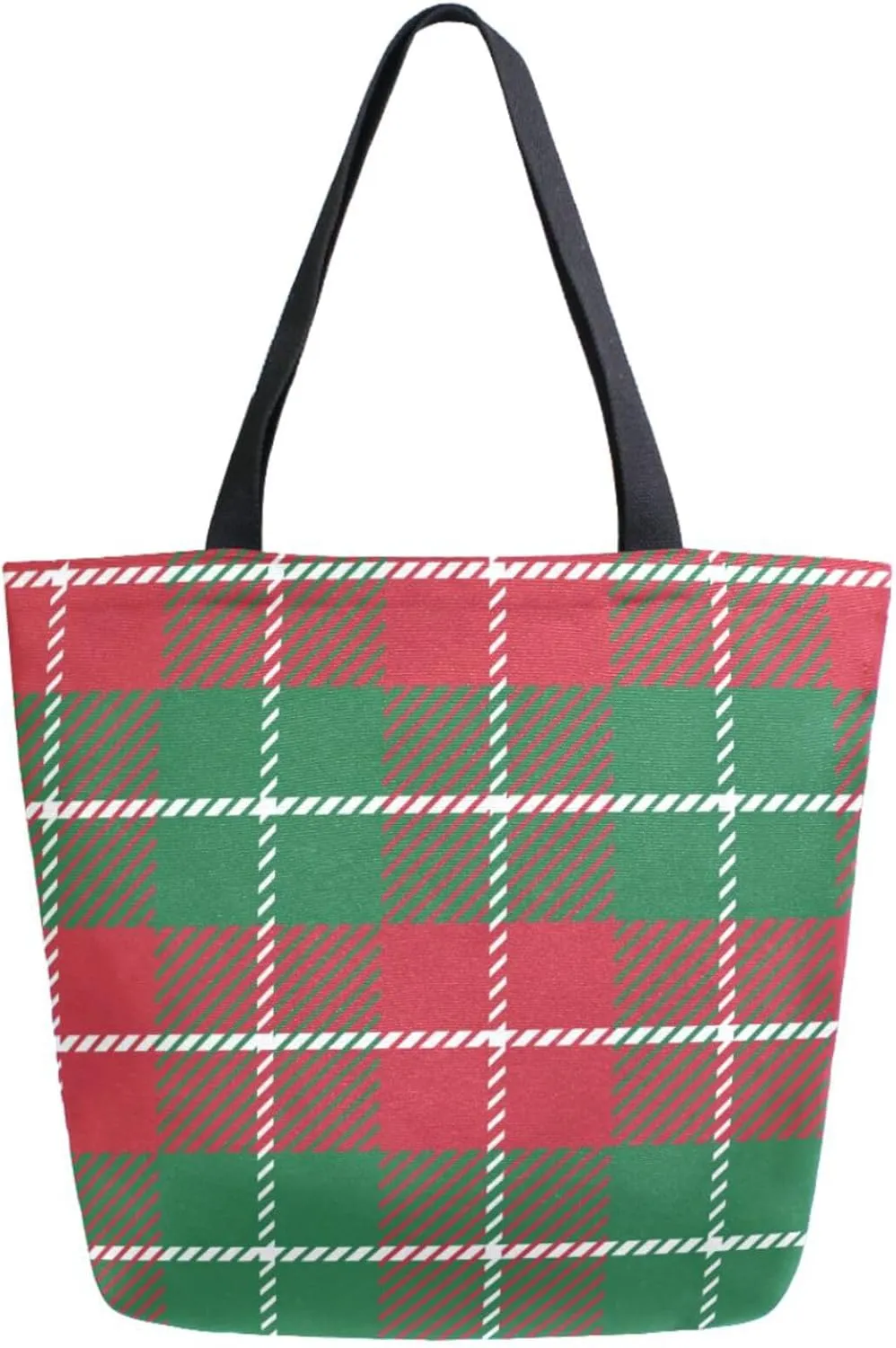 Womens Extra Large Shoulder Grocery Tote Bag, Green Red Buffalo Christmas Plaids Canvas Durable Daily Handle Bag Reusable for Gym Yoga Weekender Picnic Beach Travel Kitchen Market Shopping