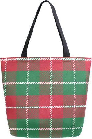 Womens Extra Large Shoulder Grocery Tote Bag, Green Red Buffalo Christmas Plaids Canvas Durable Daily Handle Bag Reusable for Gym Yoga Weekender Picnic Beach Travel Kitchen Market Shopping