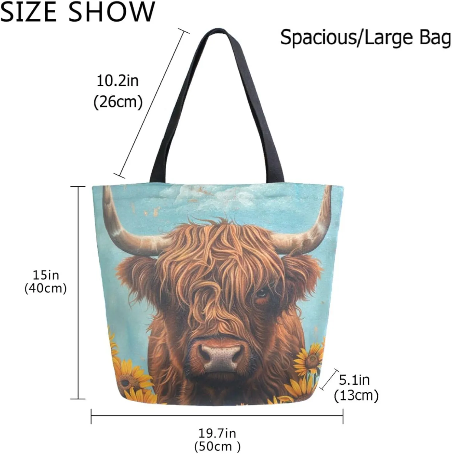 Womens Extra Large Shoulder Grocery Tote Bag, Highland Cow Flower Sunflower Canvas Durable Daily Handle Bag Reusable for Gym Yoga Weekender Picnic Beach Travel Kitchen Market Shopping