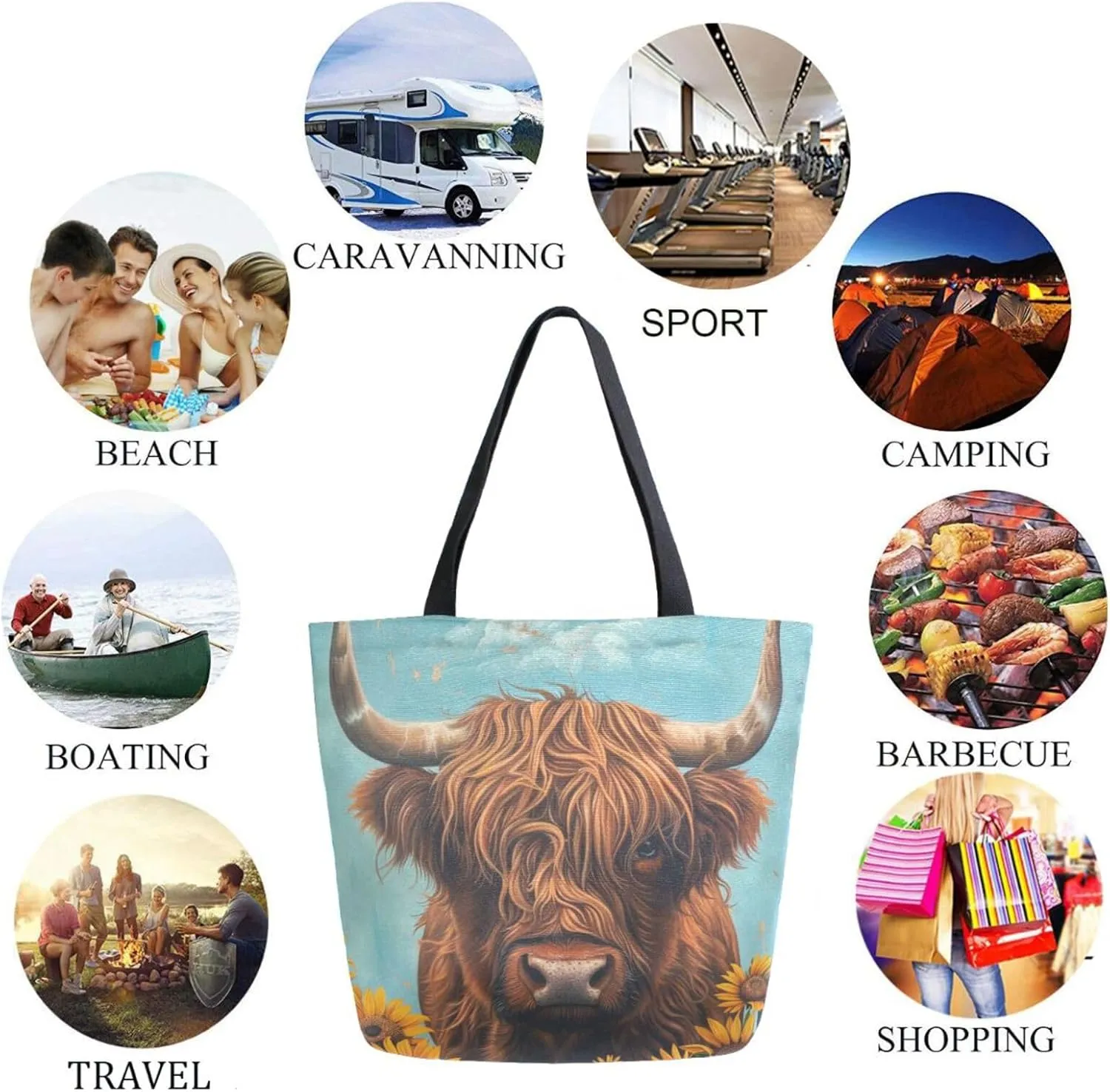 Womens Extra Large Shoulder Grocery Tote Bag, Highland Cow Flower Sunflower Canvas Durable Daily Handle Bag Reusable for Gym Yoga Weekender Picnic Beach Travel Kitchen Market Shopping