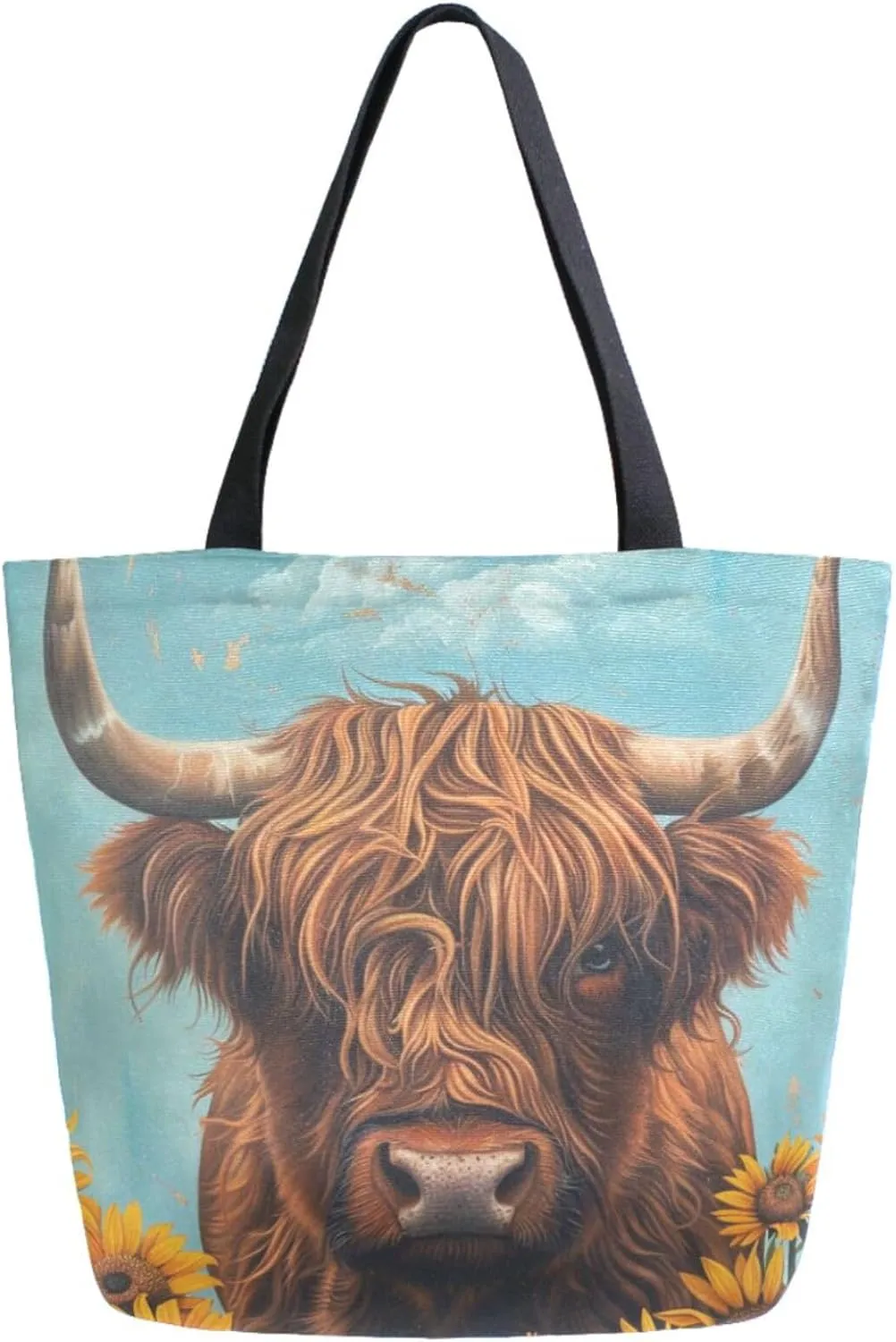 Womens Extra Large Shoulder Grocery Tote Bag, Highland Cow Flower Sunflower Canvas Durable Daily Handle Bag Reusable for Gym Yoga Weekender Picnic Beach Travel Kitchen Market Shopping