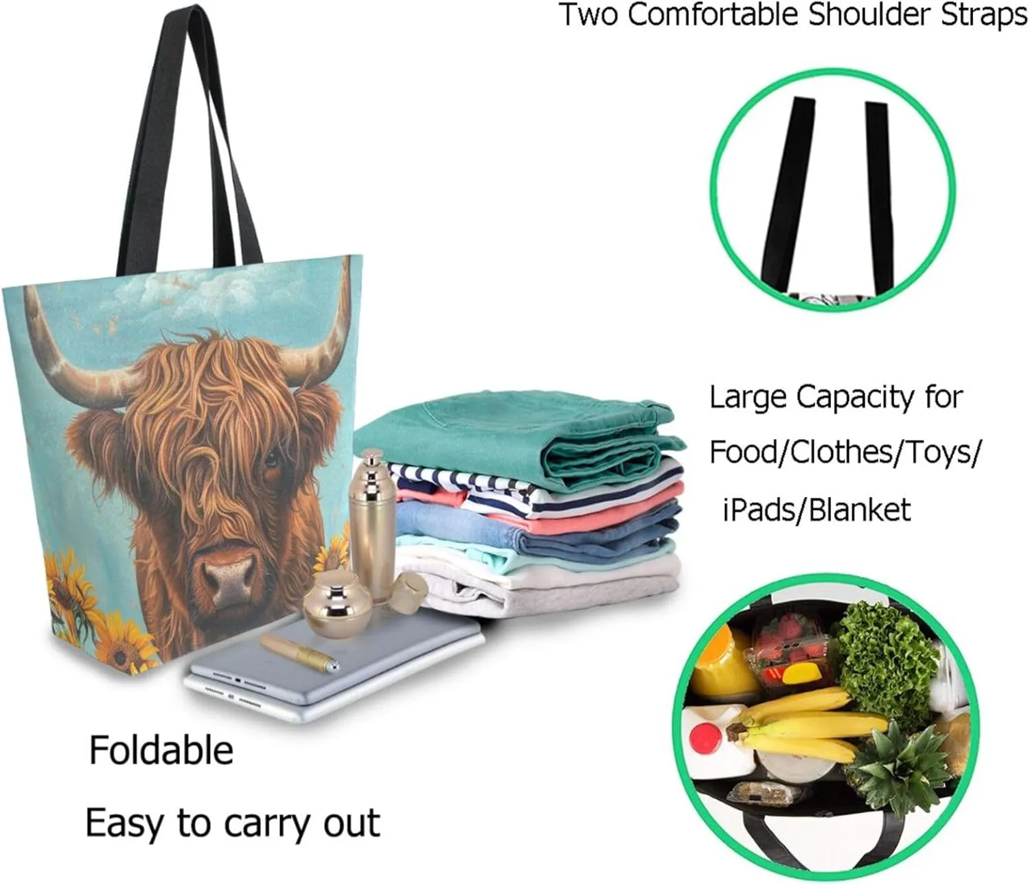 Womens Extra Large Shoulder Grocery Tote Bag, Highland Cow Flower Sunflower Canvas Durable Daily Handle Bag Reusable for Gym Yoga Weekender Picnic Beach Travel Kitchen Market Shopping