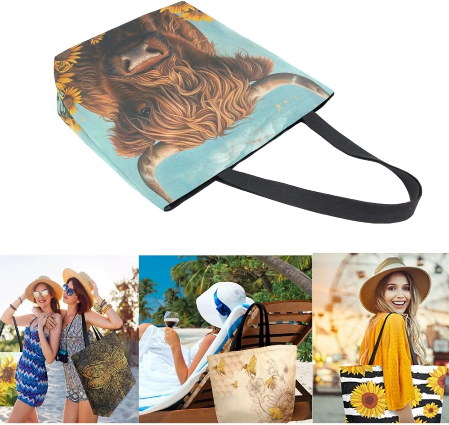 Womens Extra Large Shoulder Grocery Tote Bag, Highland Cow Flower Sunflower Canvas Durable Daily Handle Bag Reusable for Gym Yoga Weekender Picnic Beach Travel Kitchen Market Shopping