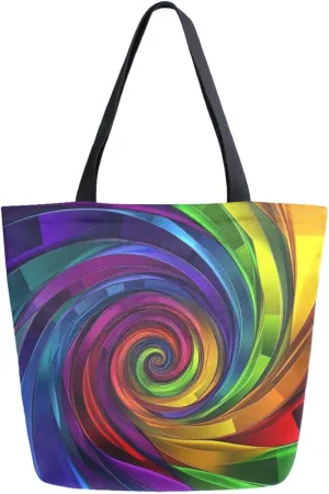 Womens Extra Large Shoulder Grocery Tote Bag, Rainbow Art Colors Spiral Canvas Durable Daily Handle Bag Reusable for Gym Yoga Weekender Picnic Beach Travel Kitchen Market Shopping