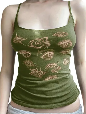 Women's Eye Print Gothic Cami Tops Y2K Spaghetti Strap Sleeveless Camisole Top