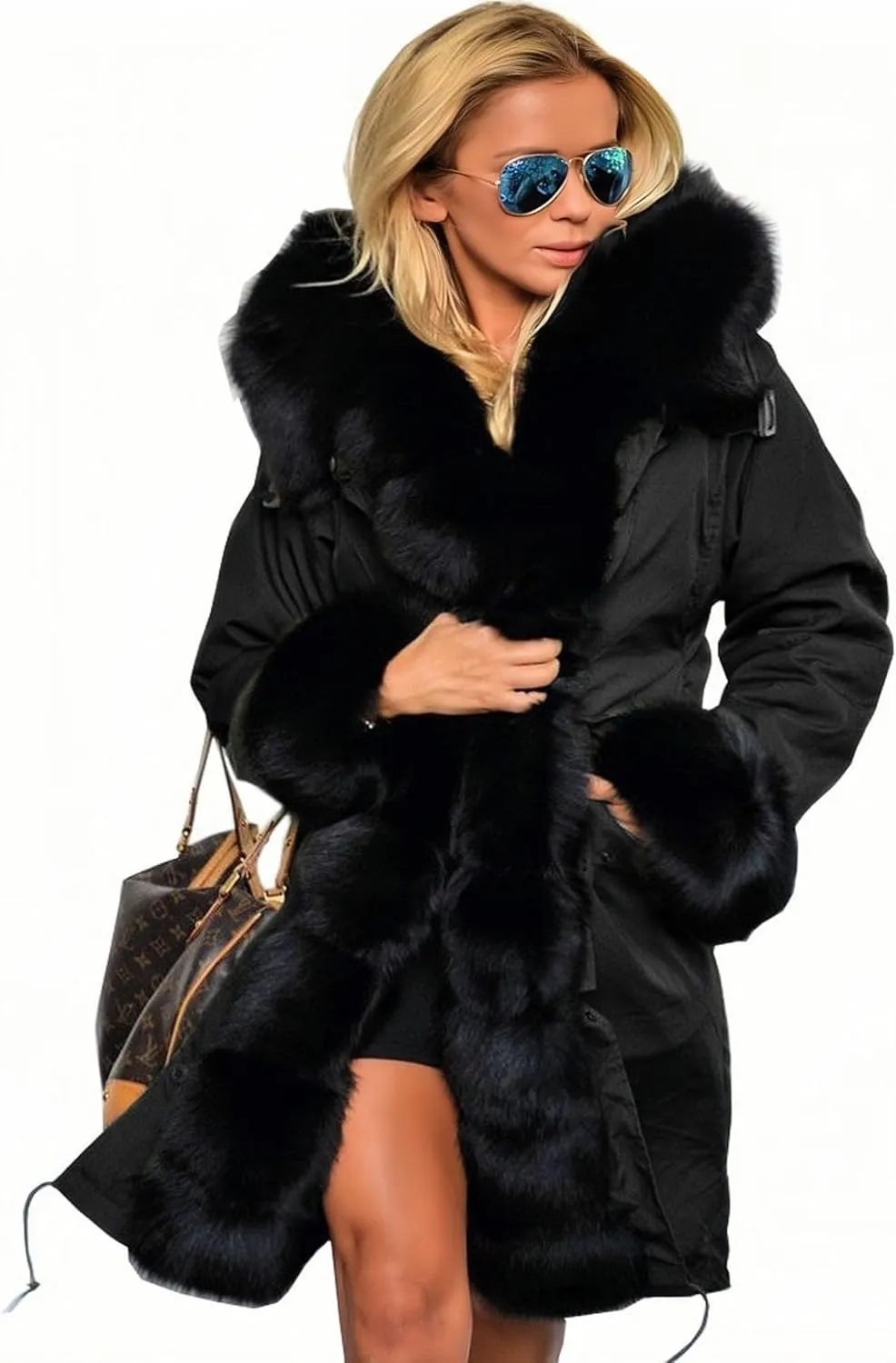 Women's Faux Fur Lined Coat Hooded Warm Winter Outwear Thicken Jackets Parka Long Cardigan
