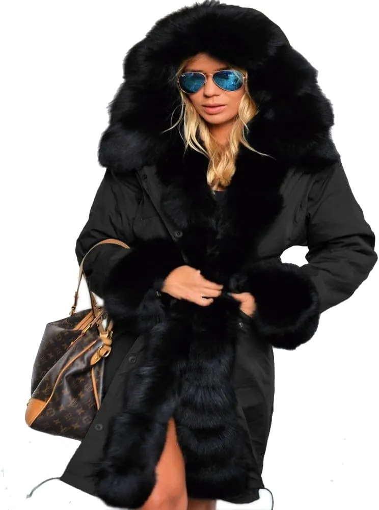 Women's Faux Fur Lined Coat Hooded Warm Winter Outwear Thicken Jackets Parka Long Cardigan