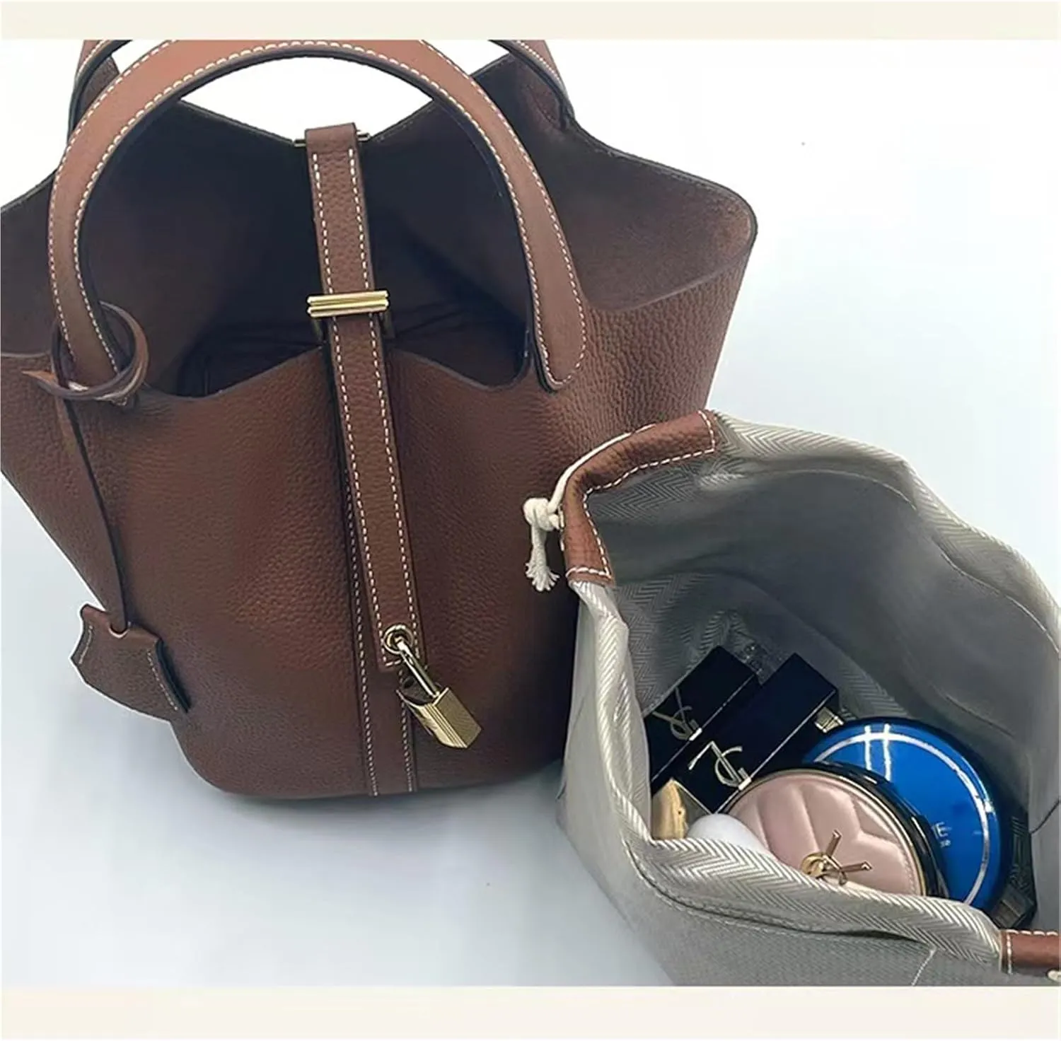 Women's Genuine Leather Basket Bag, Top Layer Cowhide Bucket Bag(06)