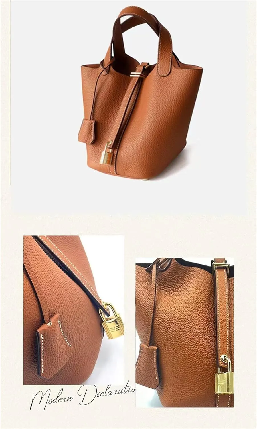 Women's Genuine Leather Basket Bag, Top Layer Cowhide Bucket Bag(06)