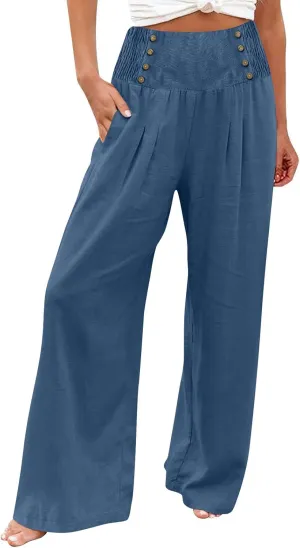 Womens Linen Blend Summer Casual Loose Palazzo Lounge Pants Low Waist Bootcut Plus Size Trousers Beach