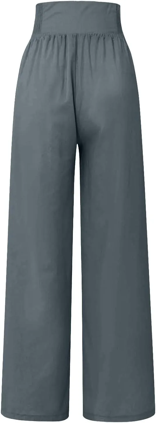 Womens Linen Blend Summer Casual Loose Palazzo Lounge Pants Low Waist Bootcut Plus Size Trousers Beach
