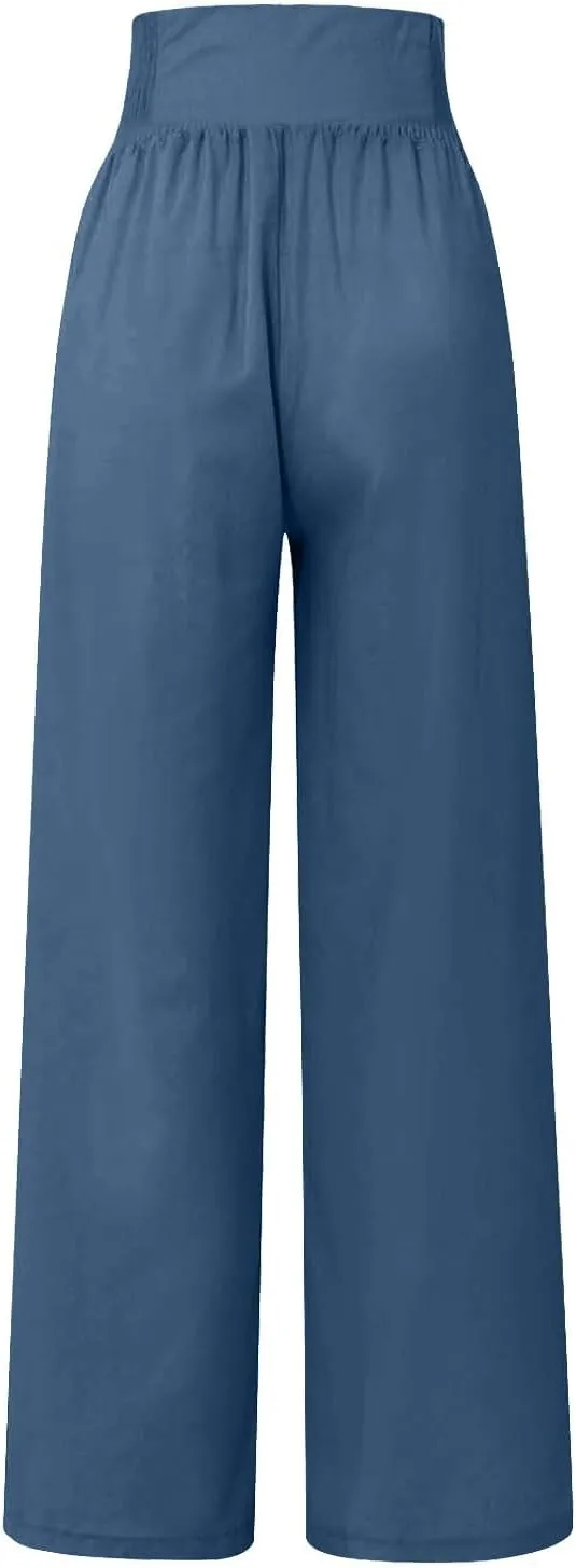 Womens Linen Blend Summer Casual Loose Palazzo Lounge Pants Low Waist Bootcut Plus Size Trousers Beach