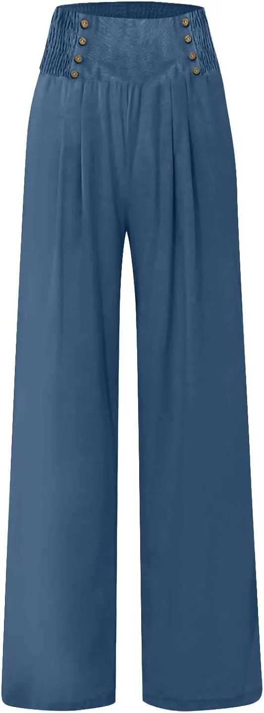 Womens Linen Blend Summer Casual Loose Palazzo Lounge Pants Low Waist Bootcut Plus Size Trousers Beach