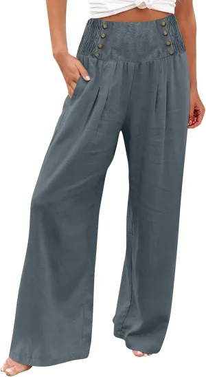 Womens Linen Blend Summer Casual Loose Palazzo Lounge Pants Low Waist Bootcut Plus Size Trousers Beach