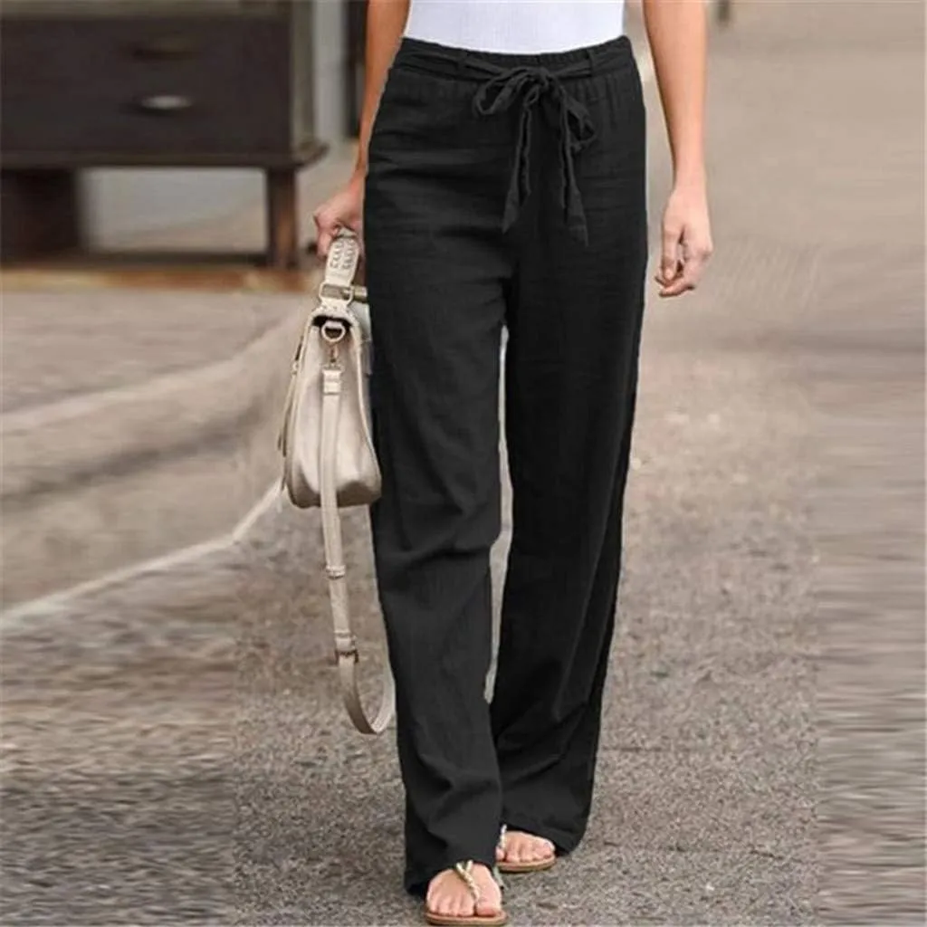 Womens Linen Capri Pants Causal Drawstring Elastic Summer Wide Leg Beach Trousers High Waisted Solid Color Sweatpants