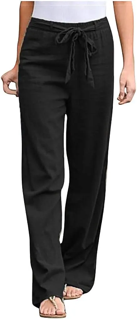 Womens Linen Capri Pants Causal Drawstring Elastic Summer Wide Leg Beach Trousers High Waisted Solid Color Sweatpants