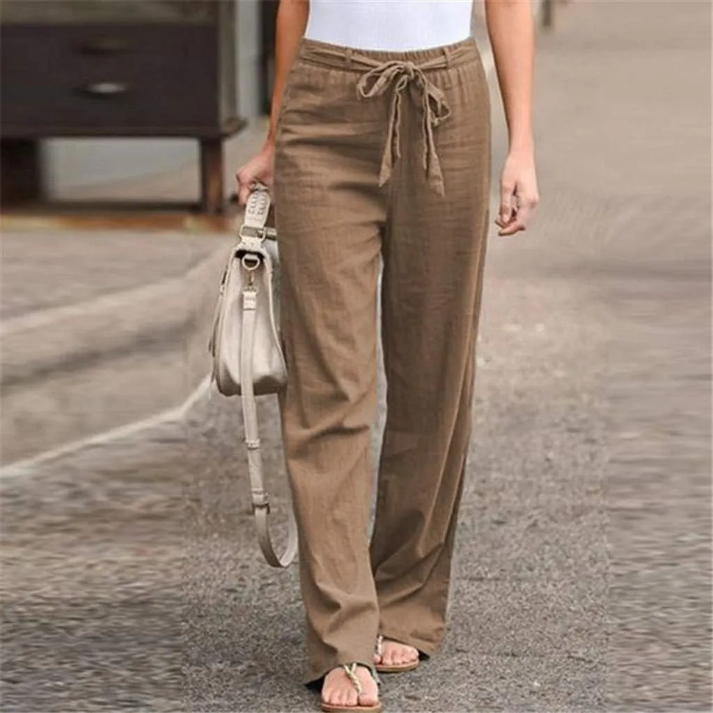 Womens Linen Capri Pants Causal Drawstring Elastic Summer Wide Leg Beach Trousers High Waisted Solid Color Sweatpants