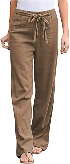 Womens Linen Capri Pants Causal Drawstring Elastic Summer Wide Leg Beach Trousers High Waisted Solid Color Sweatpants
