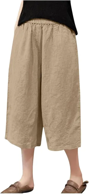 Women's Linen Capri Pants Loose High Waisted Trouser Cropped Casual Wide Leg Drawstring Pants with Pockets 2025