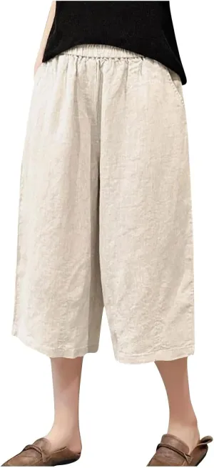 Women's Linen Capri Pants Loose High Waisted Trouser Cropped Casual Wide Leg Drawstring Pants with Pockets 2025