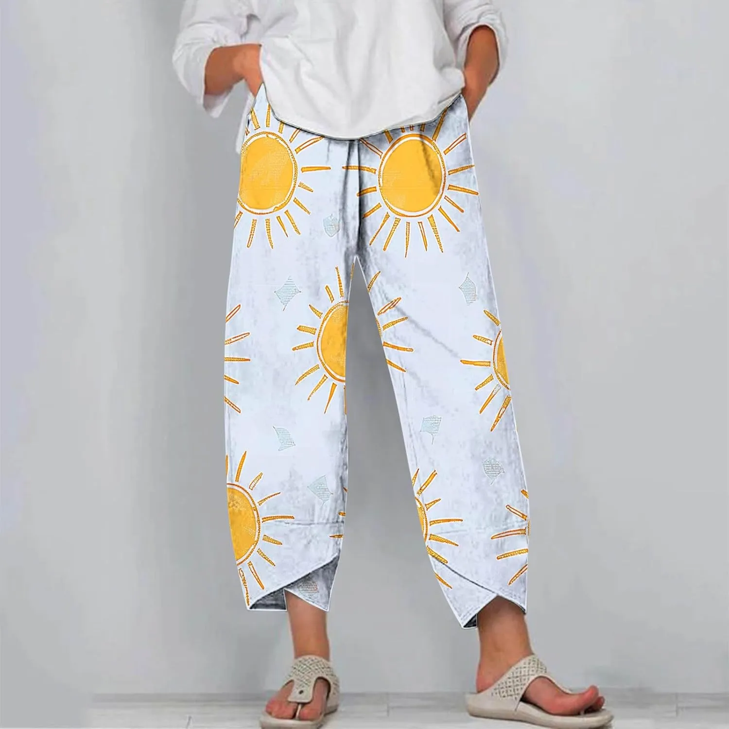 Women's Linen Cropped Pants Tapered Ankle Capris Trousers Casual Elastic Waist Sweatpant with Pockets Boho Lounge Pant