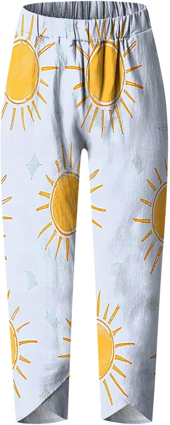 Women's Linen Cropped Pants Tapered Ankle Capris Trousers Casual Elastic Waist Sweatpant with Pockets Boho Lounge Pant