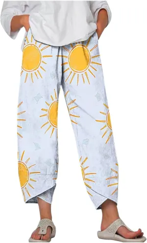Women's Linen Cropped Pants Tapered Ankle Capris Trousers Casual Elastic Waist Sweatpant with Pockets Boho Lounge Pant