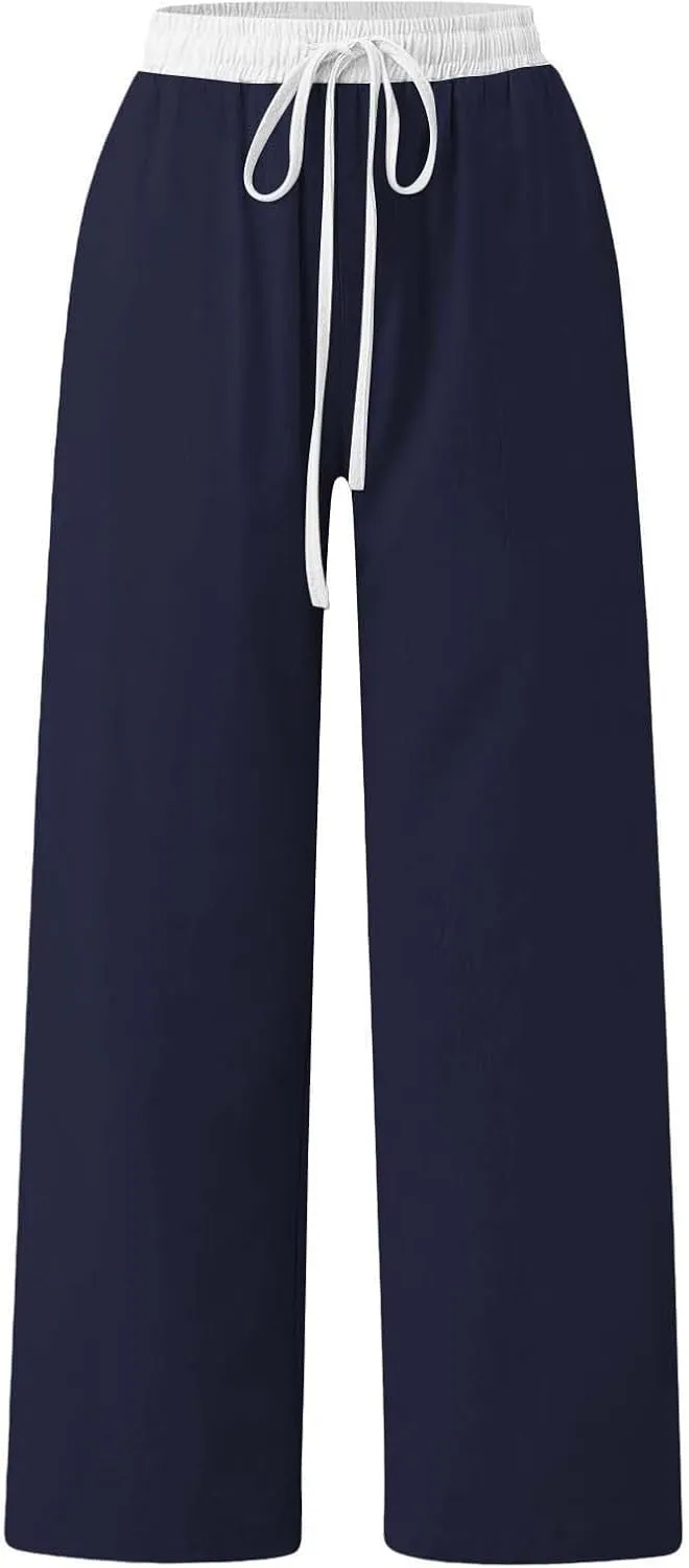 Womens Linen Palazzo Pants 2025 Summer Solid Elastic Waist Wide Leg Drawstring Casual Pant Baggy Flowy Lounge Trouser