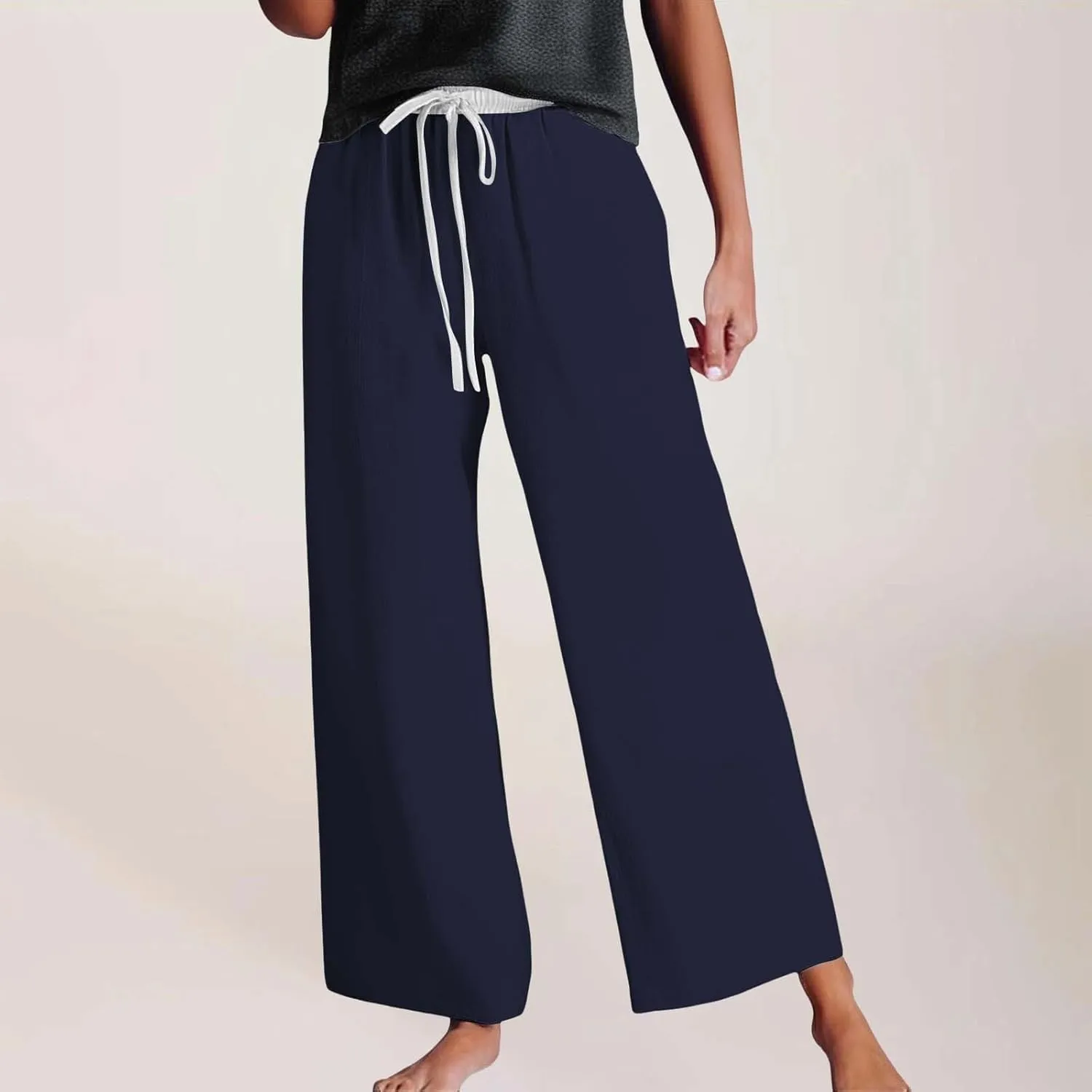 Womens Linen Palazzo Pants 2025 Summer Solid Elastic Waist Wide Leg Drawstring Casual Pant Baggy Flowy Lounge Trouser