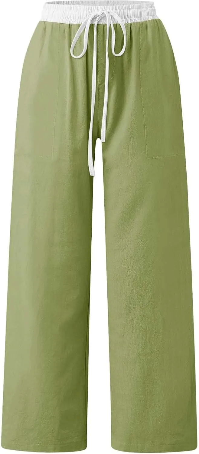 Womens Linen Palazzo Pants 2025 Summer Solid Elastic Waist Wide Leg Drawstring Casual Pant Baggy Flowy Lounge Trouser