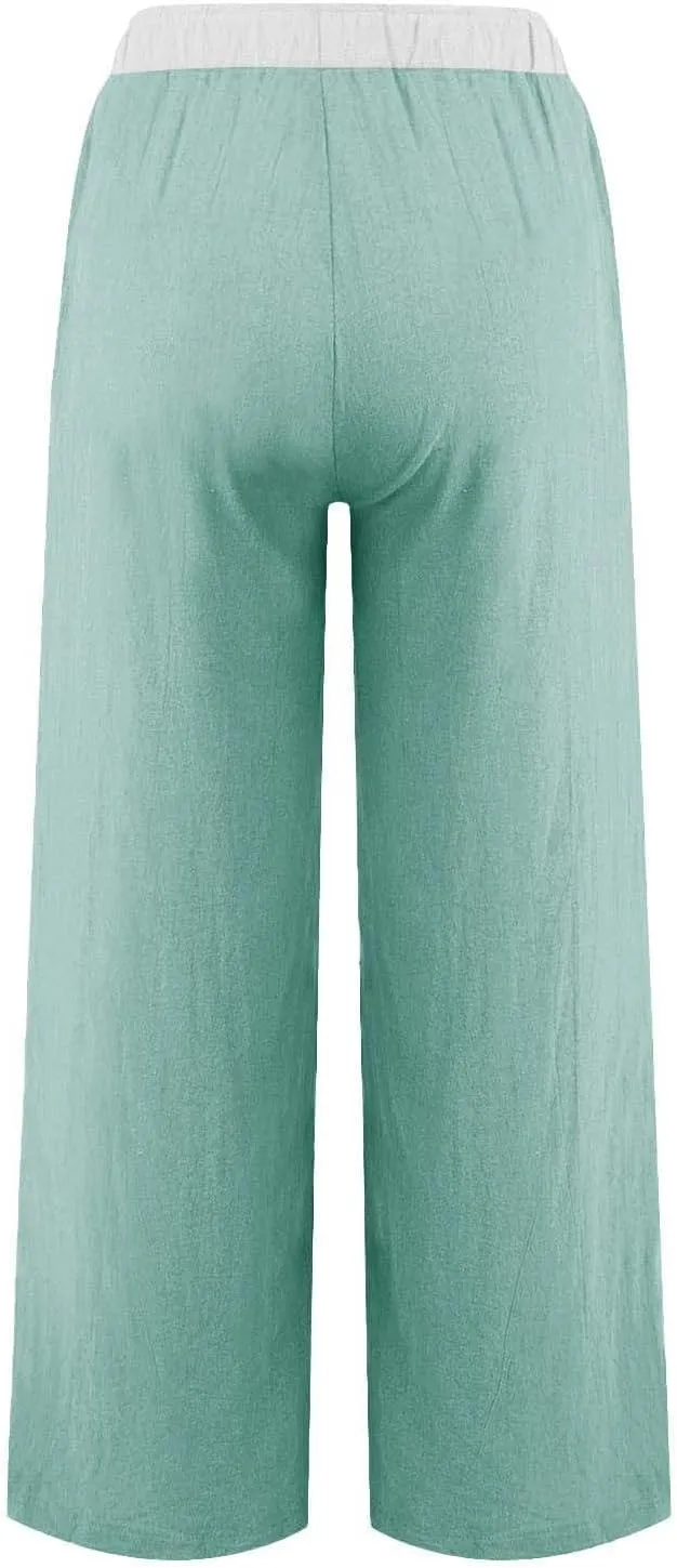 Womens Linen Palazzo Pants 2025 Summer Solid Elastic Waist Wide Leg Drawstring Casual Pant Baggy Flowy Lounge Trouser